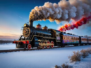 A magical vintage train speeding through a snowy Christmas Eve, surrounded by sparkling lights, winter mist, and a festive, nostalgic atmosphere