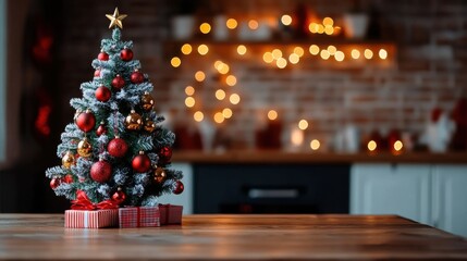Beautifully Decorated Mini Christmas Tree with Ornaments and Gifts on Wooden Table in Cozy Holiday Setting
