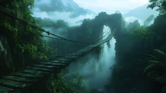 Fototapeta Rope bridge crossing misty jungle valley in tropical rainforest