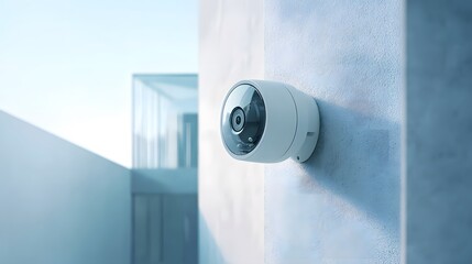A close-up of an outdoor white security camera mounted on the side wall,