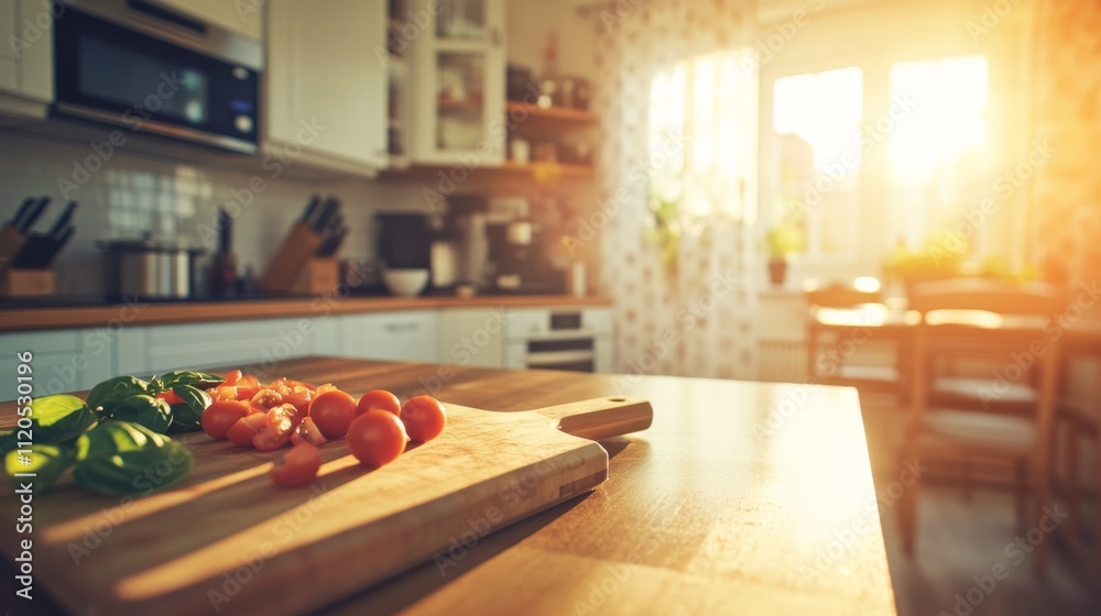 Poster a beautifully arranged kitchen island showcases diced tomatoes and basil, illuminated by soft sunlig