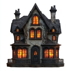 Spooky haunted house with glowing windows.