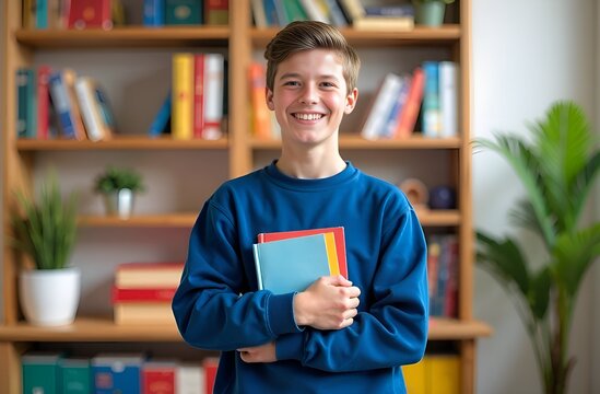 Young man student looking at the camera and holding books in library.