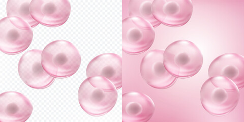 Cell stem science banner pink background. Vector medical microscopic molecular conception. Biology 3d research dna nucleus particles pattern