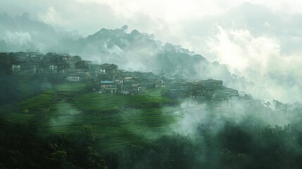 Fog is covering green tea plantation and houses on mountainside