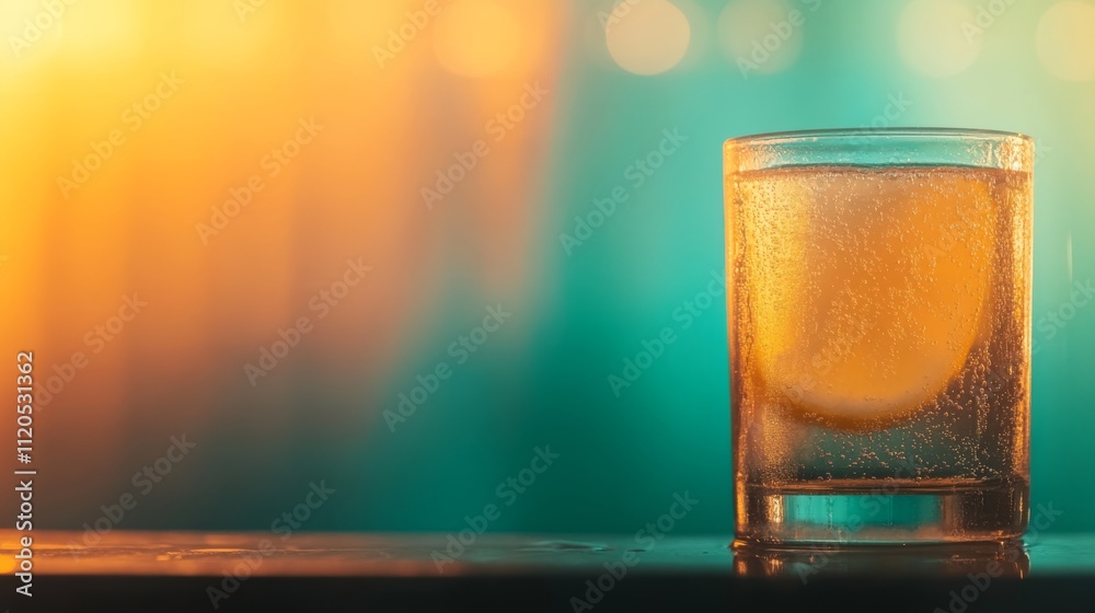 Poster close-up view of a glass filled with sparkling water and lemon slices, highlighting the refreshing d