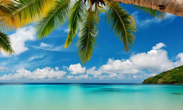Exotic shore against the backdrop of the turquoise ocean on a sunny day. Beautiful palm tree on the beach of a tropical island. Concept: paradise summer holiday on a desert island.