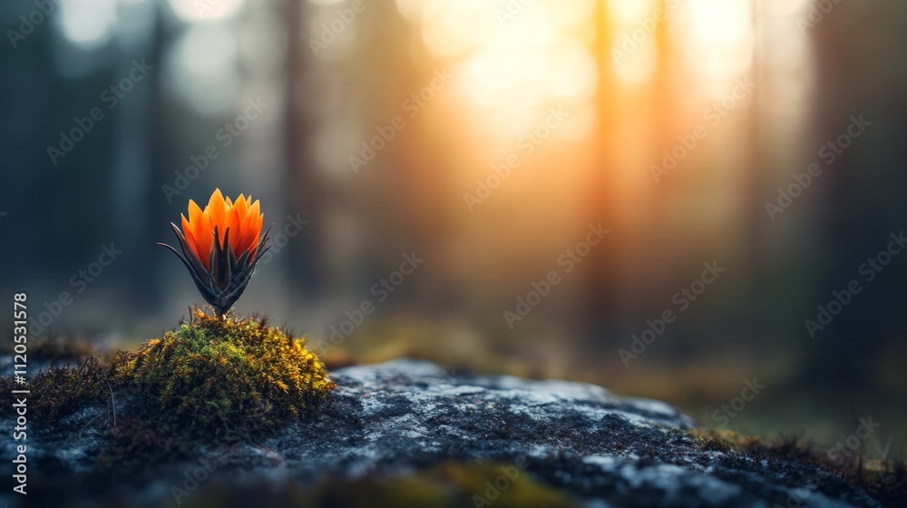 Poster a small, vibrant flower emerges from a moss-covered rock in a tranquil forest clearing, highlighting