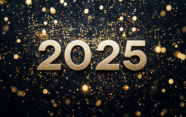 Minimalist white "2025" text on a textured black background surrounded by golden sparkles, sharp detail, and elegant contrast. Ideal for New Year celebrations and modern design projects.

