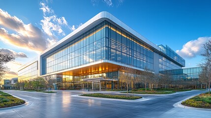 Modern glass office building at sunset.