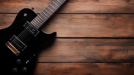Obraz premium Sleek black electric guitar rests against a rustic wooden wall, its strings reflecting light beautifully in a moody artistic atmosphere