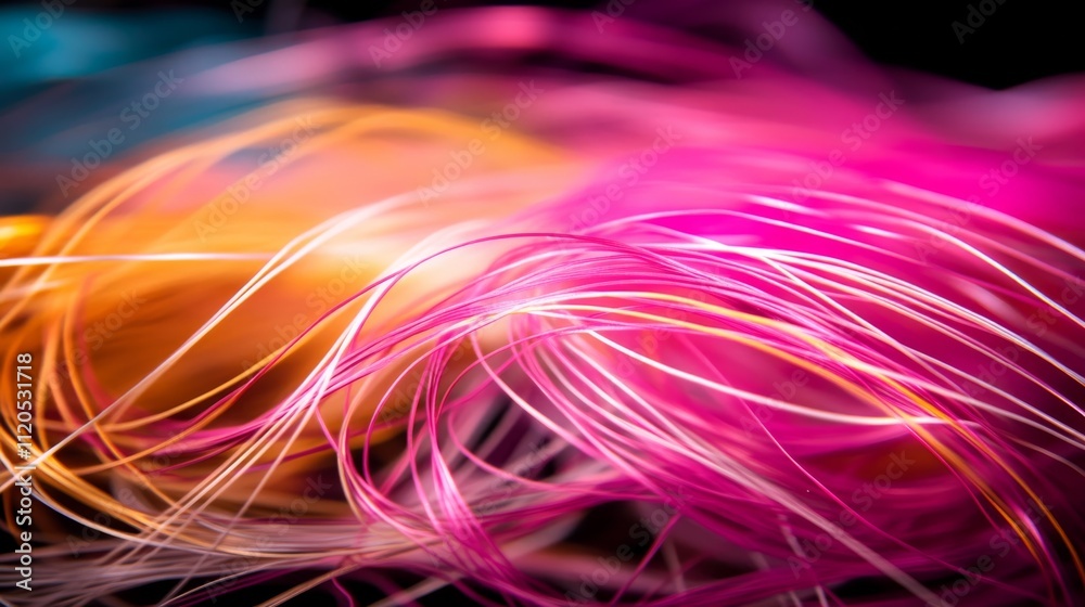 Poster close-up view of colorful particles suspended mid-air, illuminated by dynamic lighting. the dark bac