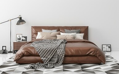 Modern bedroom interior with brown leather bed. black and white patterned rug. and black floor lamp