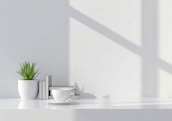 White minimalist desk with a plant. books. and a cup of coffee against a white wall with sunbeams