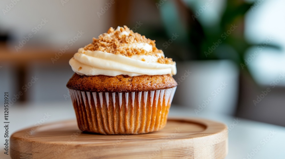 Poster A close-up view showcases a single carrot cake muffin adorned with cream cheese frosting and crushed nuts, placed on a wooden plate in a blurred kitchen