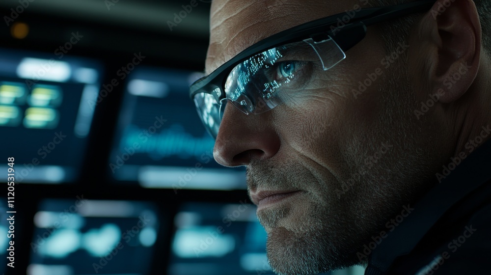 Aufkleber A technician closely observes various control screens displaying data graphs and indicators in a high-tech environment, with reflections visible on his glasses