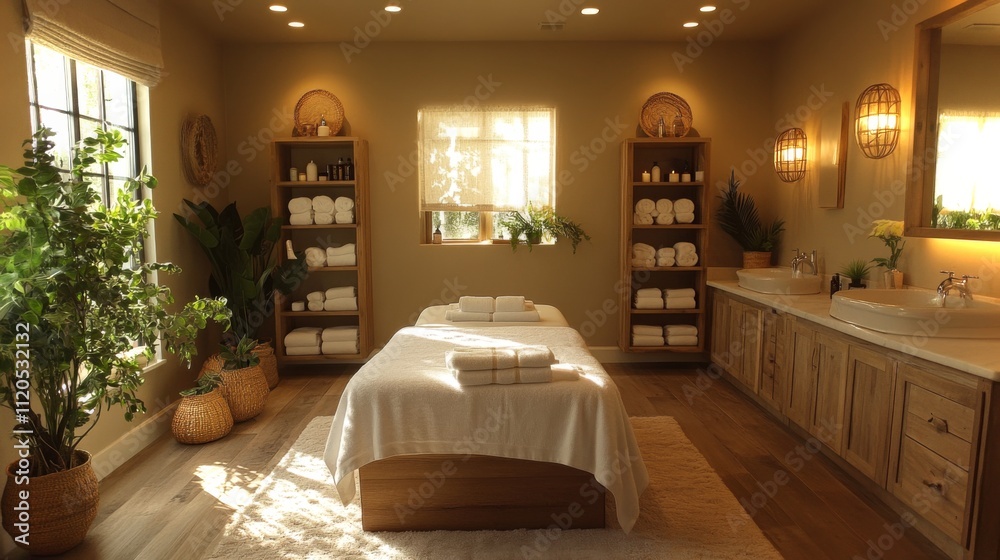 Poster soft lighting and natural elements create a serene spa room featuring a massage table, neatly arrang