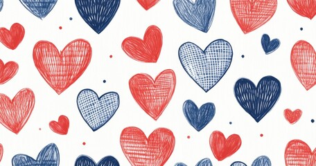 A pattern of hearts in red and blue, arranged on a white background The heart shapes have an abstract grid-like texture with small dots inside them, giving the appearance of hand-drawn Generative AI