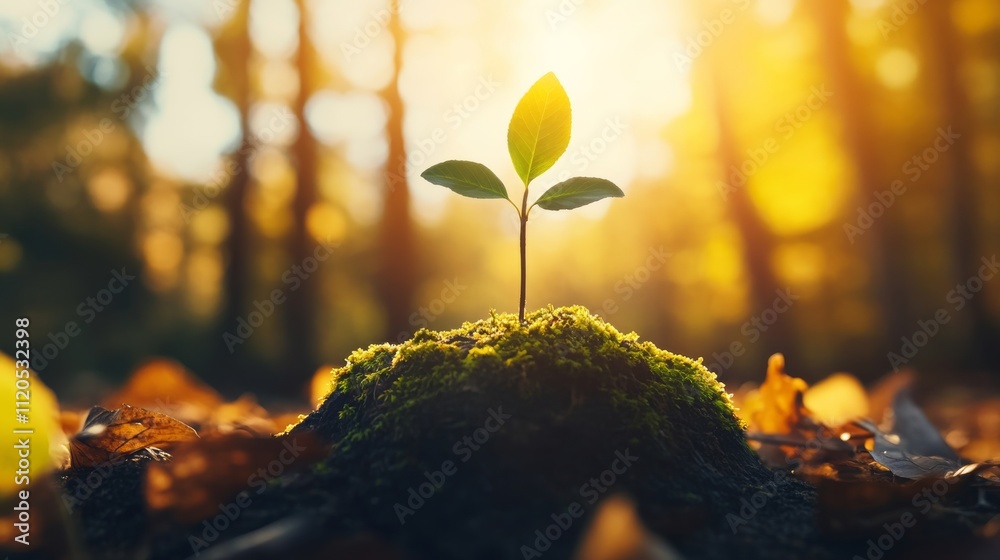 Poster a sapling emerges from a crack in a sunlit rock, surrounded by vibrant moss and fallen leaves, symbo