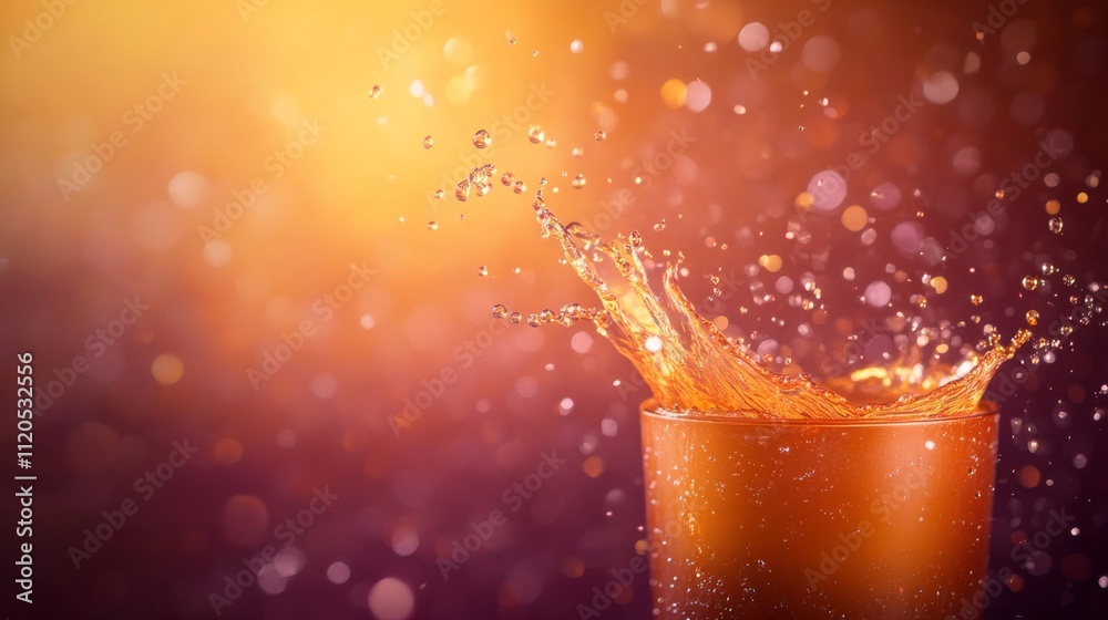 Aufkleber Dramatic close-up showcases a light bulb splattered with metallic paint and suspended water droplets against a vibrant gradient background, creating an artistic effect