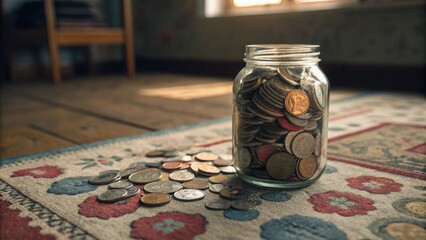 A pintsized glass jar filled with a hodgepodge of coins and a few stray tokens. The jar sits atop a worn fabric displaying various patterns and creates a nostalgic setting.
