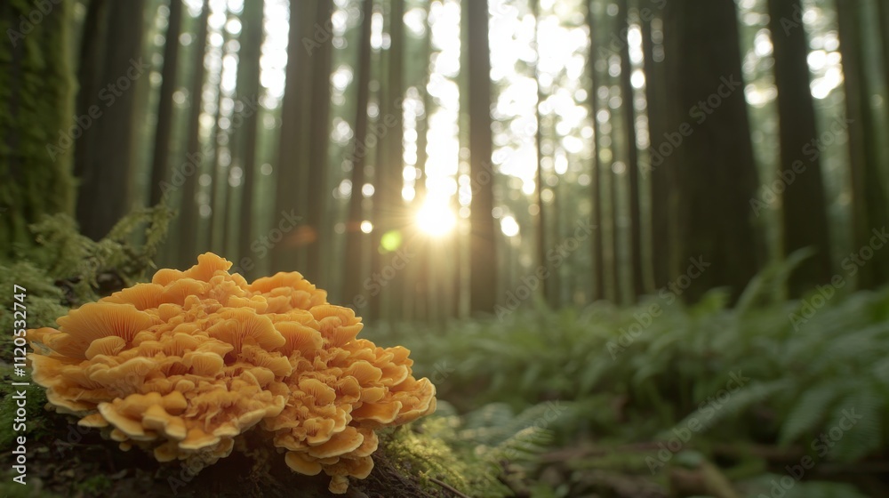 Aufkleber A cluster of bright mushrooms grows on the forest floor, surrounded by lush ferns while sunlight softly filters through the tall trees above during midday