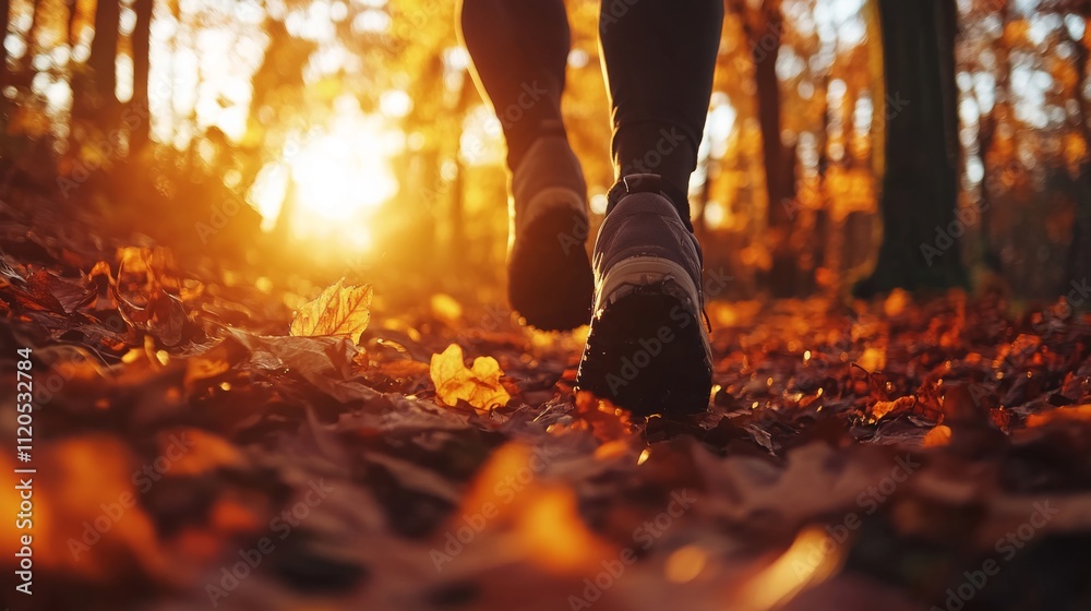 Poster worn boots tread softly on a forest path blanketed in leaves as the sun sets, casting warm orange li