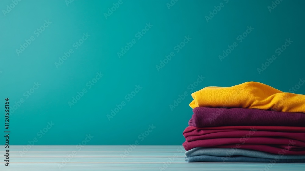Poster Brightly colored folded clothes neatly stacked against a turquoise backdrop, creating a fresh and inviting atmosphere with space for personalization