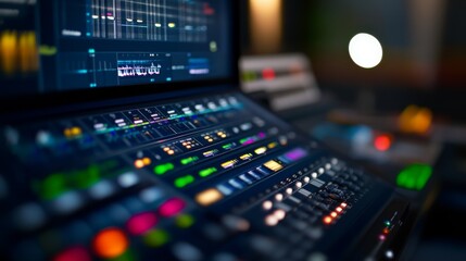 Obraz premium Close-up view of a computer monitor showcasing a video editing software layout, with a colorful timeline and a beautifully arranged desk environment