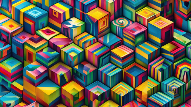 3D cube pattern with depth and shading, vibrant contrasting colors, and immersive design