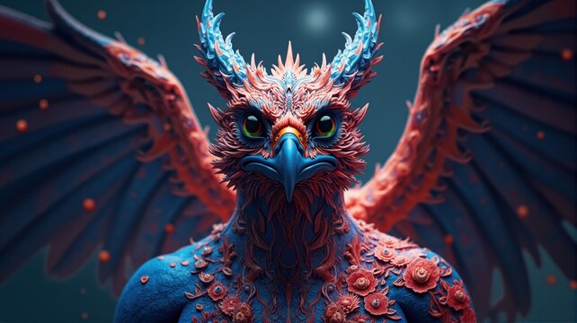 Majestic mythical gryphon spreading its ornate wings in a celestial setting