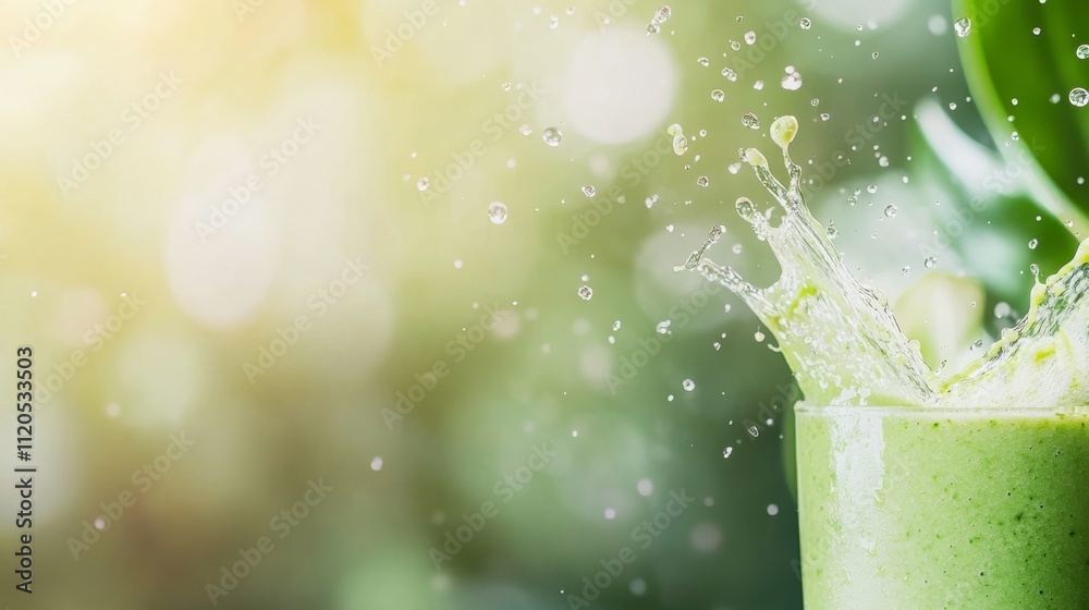Poster a vibrant green smoothie spills from a glass, creating dynamic splashes with droplets frozen mid-air