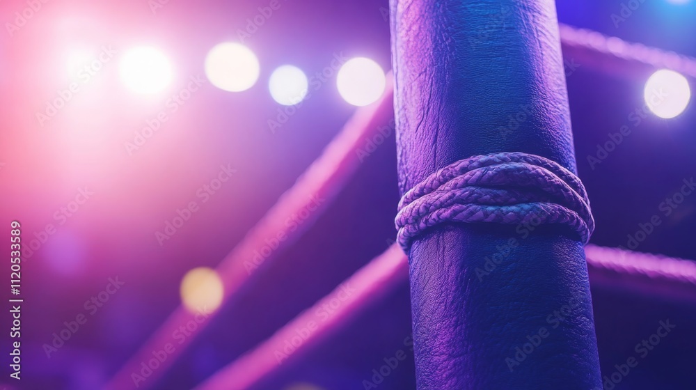 Poster bright stage lights create intense shadows around the wrestling ring's corner post, capturing a stri