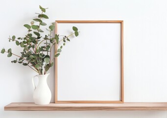 Empty picture frame on wooden shelf with eucalyptus leaves in vase