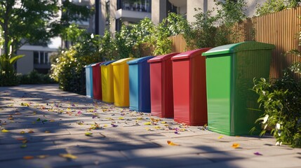 Colorful recycling bins lined up in an outdoor area, promoting waste segregation and environmental conservation.