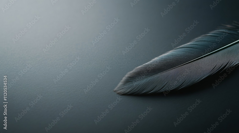 Poster Intricate black feather emphasizes fine textures and variations, set against a seamless dark gray background offering ideal space for text or elements