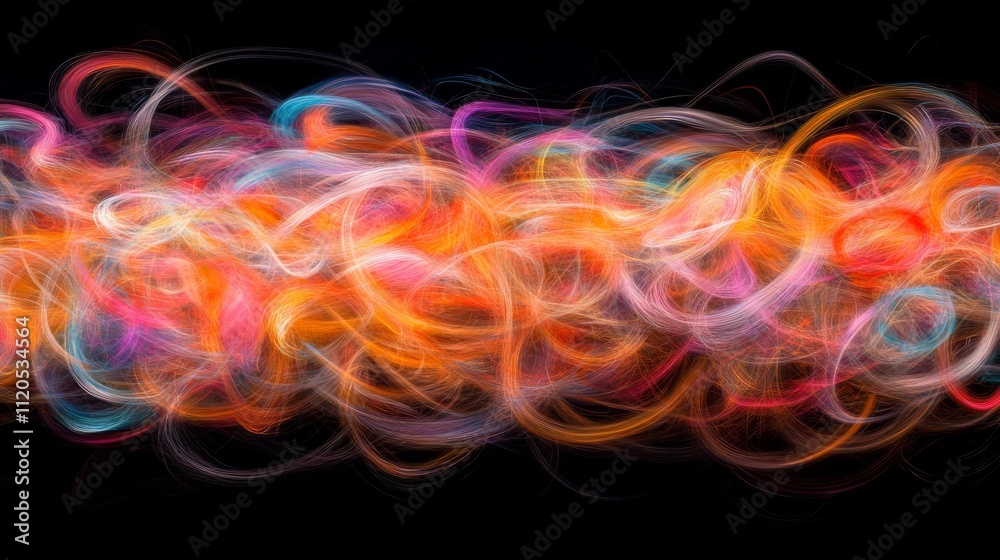 Poster Multicolored light streaks intertwine across a dark background, showcasing a vibrant and energetic abstract composition with ample space for additional text