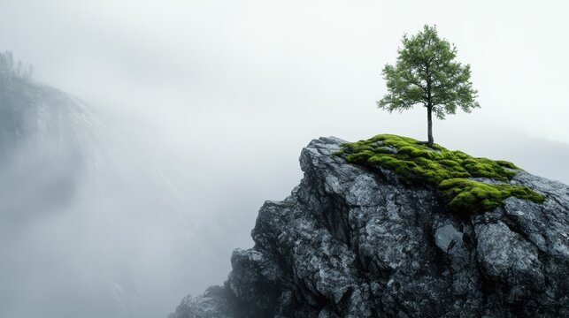 Lonely tree growing on a rocky cliff in the foggy mountains - Powered by Adobe