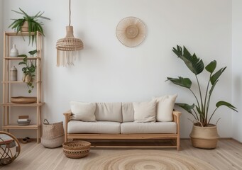 Minimalist living room with a light wood sofa. natural woven baskets. and potted plants on a light wood floor