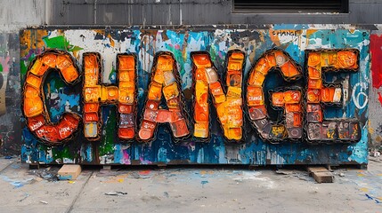 Bold Typographic Street Art Made from Recycled Cans Displaying Change