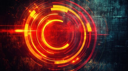 Abstract red and orange tech circles on grungy blue background