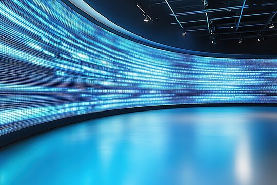 Curved LED wall display with blue lights and modern design in studio