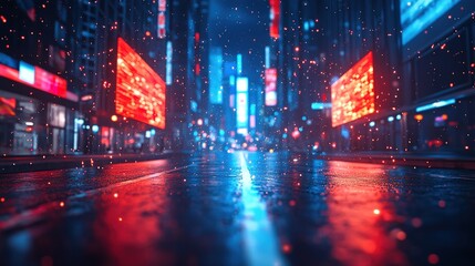 Obraz premium Rainy city street with neon lights reflecting on wet asphalt