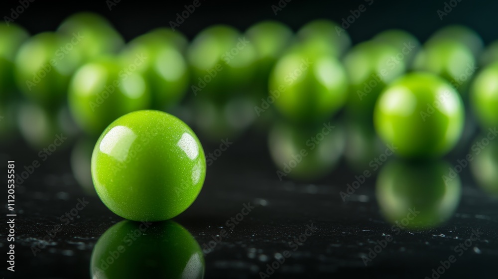 Poster a vibrant green plastic pellet rests on a dark reflective surface, emphasizing its polished texture 