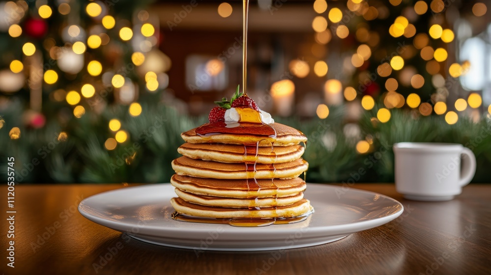 Poster Rich golden syrup cascades over a tall stack of pancakes, creating delicious patterns against the backdrop of a warm, inviting breakfast setting