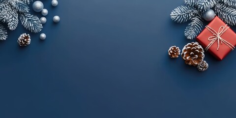 A vibrant red gift box is beautifully arranged with pine cones and festive Christmas decorations, capturing the essence of holiday spirit and joy.