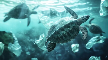 Environmental issue of plastic pollution problem. Sea Turtles can eat plastic bags mistaking them for jellyfish.