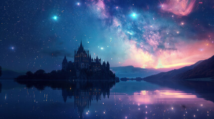 A castle glowing under a star-filled sky, its silhouette reflecting in calm waters