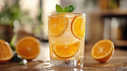 Refreshing Citrus Drink with Slices of Fresh Oranges, Bubbles, and Basil Garnish in a Clear Glass on a Wooden Table Surrounded by Orange Halves