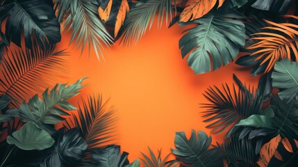 Obraz premium Lush Tropical Leaves on Vivid Orange Background Showcasing Vibrant Foliage for Summer-Themed Design, Nature Background, or Tropical Resort Promotion